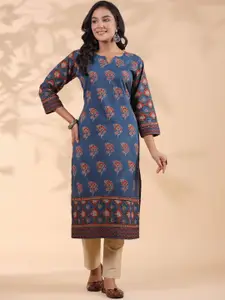 Vbuyz Blue Floral Printed Sequinned Notched Round Neck Cotton Straight Kurta
