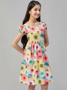 Stylo Bug Girls Floral Printed Square Neck Puff Slevees Fit & Flared Knee Length Dress