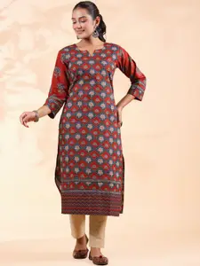 Vbuyz Floral Printed Notch Neck Cotton Straight Kurta