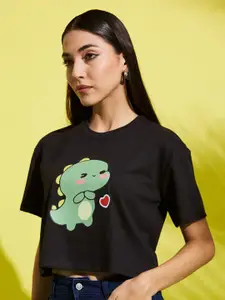 AAHWAN Women Graphic Printed Round Neck Relaxed Fit Crop T-shirt