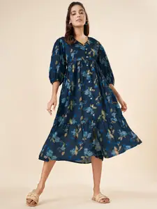 AKKRITI BY PANTALOONS Women Floral Printed Puff Sleeve A-Line Midi Dress