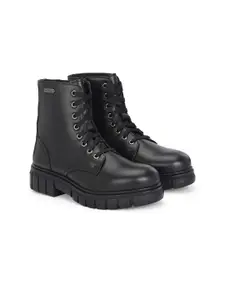 Delize Women Block-Heeled Black Biker ankle derby Boots