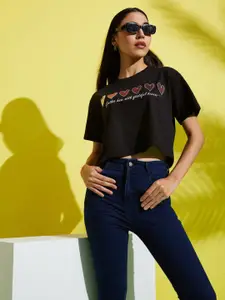 AAHWAN Women Graphic Printed Round Neck Relaxed Fit Crop T-shirt