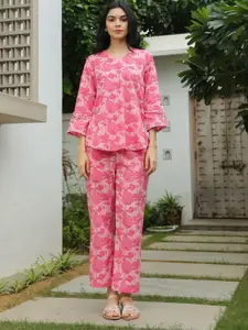 JISORA Pink Floral Printed V-Neck Pure Cotton Top With Trousers
