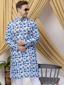 Hangup Floral Printed Mandarin Collar Straight Kurta with Pyjamas
