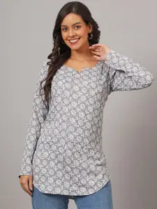 DHAKRE FASHION Floral Printed Long Sleeves Pure Silk Kurti