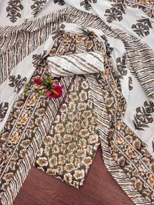 Ishin White Floral Printed Pure Cotton Unstitched Dress Material