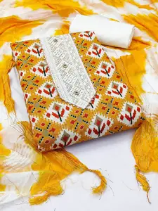 Ishin Yellow & White Ethnic Motifs Printed Pure Cotton Unstitched Dress Material