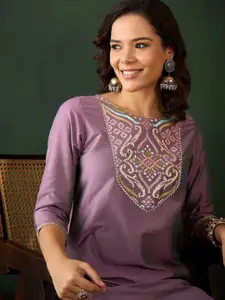 Sangria Ethnic Motif Embroidered Straight Kurta