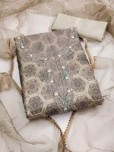 Ishin Grey Geometric Embroidered Organza Unstitched Dress Material