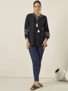 Anouk Black Embroidered Thread Work Tie-Up Neck Liva Straight Kurta