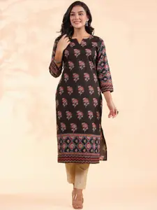 Vbuyz Black Floral Printed Sequinned Notched Round Neck Cotton Straight Kurta