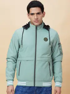 Being Human Men Green Mock Collar Long Sleeves Bomber with Embroidered Jacket