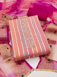 Ishin Striped Printed Beads and Stones Detail Unstitched Dress Material