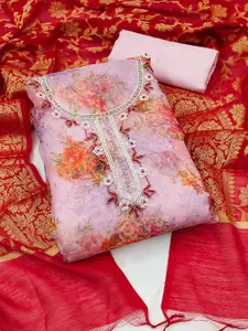 Ishin Purple & Red Floral Printed Organza Unstitched Dress Material