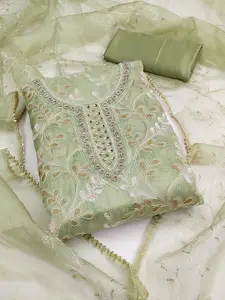 Ishin Green Ethnic Motifs Embroidered Beads and Stones Organza Unstitched Dress Material