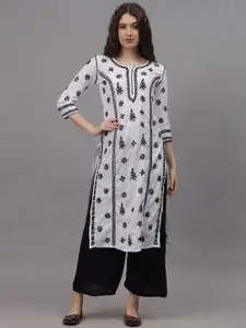 Seva Chikan Ethnic Motifs Embroidered Round Neck Lucknowi Chikankari Cotton Straight Kurta