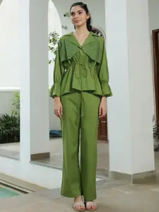 JISORA Green Shirt Collar Pure Cotton Top With Trousers