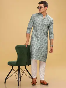 Anouk Green Ethnic Motifs Printed Band Collar Cotton Straight Kurta