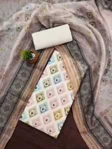 Ishin White & Pink Ethnic Motifs Woven Design Unstitched Dress Material