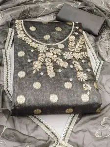 Ishin Grey Ethnic Motifs Woven Design Beads and Stones Unstitched Dress Material