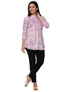 Hy Fashion Women Mandarin Collar Printed Cotton Tunic Top