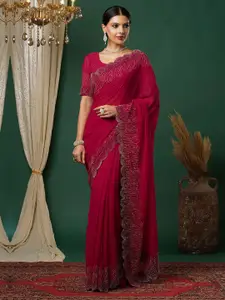 Satrani Beads and Stones Pure Georgette Solid Saree