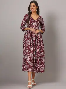 DHAKRE FASHION Floral Printed V-Neck Thread Work Silk A-line Ethnic Dresses