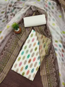 Ishin White and Green Ethnic Motifs Printed Unstitched Dress Material