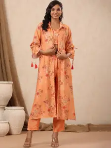 AUTUMN LANE Floral Printed Pure Cotton Crop Top With Trousers & Shrug
