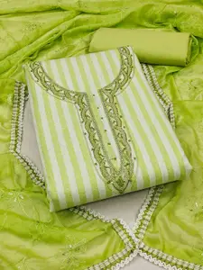 Ishin Striped Embroidered Beads and Stones Pure Cotton Unstitched Dress Material