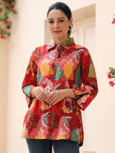 Rain & Rainbow Women Floral Printed Shirt Collar Cotton Top