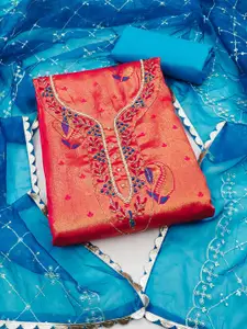 Ishin Pink & Blue Ethnic Motifs Woven Design Unstitched Dress Material