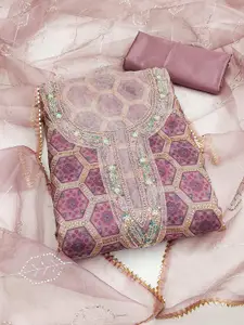 Ishin Ethnic Motifs Embroidered Beads and Stones Organza Unstitched Dress Material