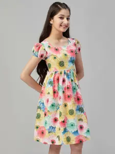 Stylo Bug Girls Floral Printed Square Neck Puff Slevees Fit & Flared Knee Length Dress