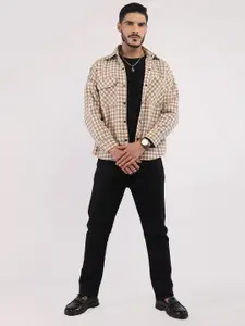 CHKOKKO Men Single-Breasted Spread Collar Long Sleeves Checked Shacket