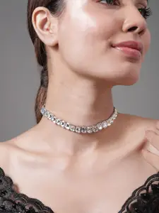 Rubans Rhodium Plated Crystal AD & Zirconia Studded Luxurious Choker Necklace