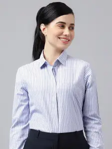 English Navy Women Spread Collar Vertical Striped Wrinkle Resistant Formal Shirt