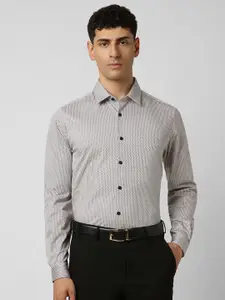 V Dot Men Spread Collar Geometric Printed Cotton Slim Fit Party Shirt