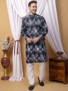 Hangup Floral Printed Mandarin Collar Straight Kurta with Pyjamas