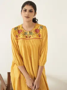 Anouk Yellow Floral Embroidered A-Line Kurta