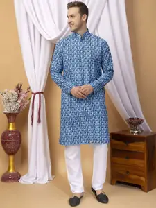 Hangup Floral Printed Mandarin Collar Regular Kurta With Pyjama