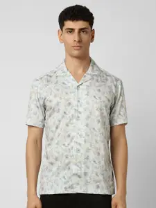 V Dot Men Cuban Collar Floral Printed Cotton Slim Fit Party Shirt