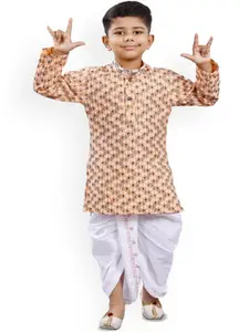 BAESD Boys Ethnic Motifs Printed Thread Work Straight Kurta With Dhoti Pants