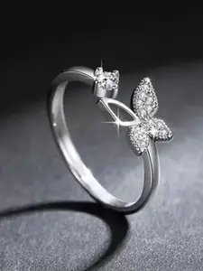 Lila Silver-Plated CZ-Studded Butterfly Design Adjustable Finger Ring