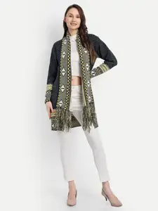 HAUTEMODA Printed Front Open Woollen Sweater Shrug