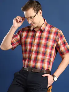 Hancock Men Spread Collar Windowpane Checked Cotton Slim Fit Formal Shirt