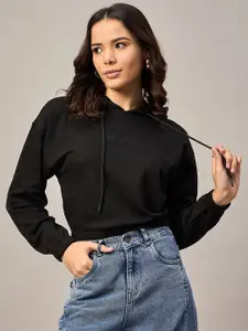 The Roadster Lifestyle Co. Women Solid Hooded Crop Sweatshirt