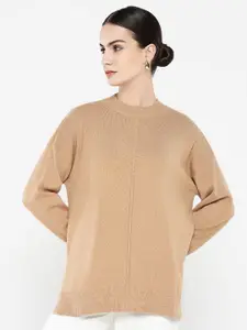 RAREISM Women Cotton Beige Round Neck Long Sleeves Pullover Sweaters