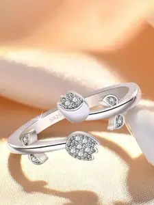 Lila Silver-Plated CZ-Studded Leaves Design Adjustable Ring